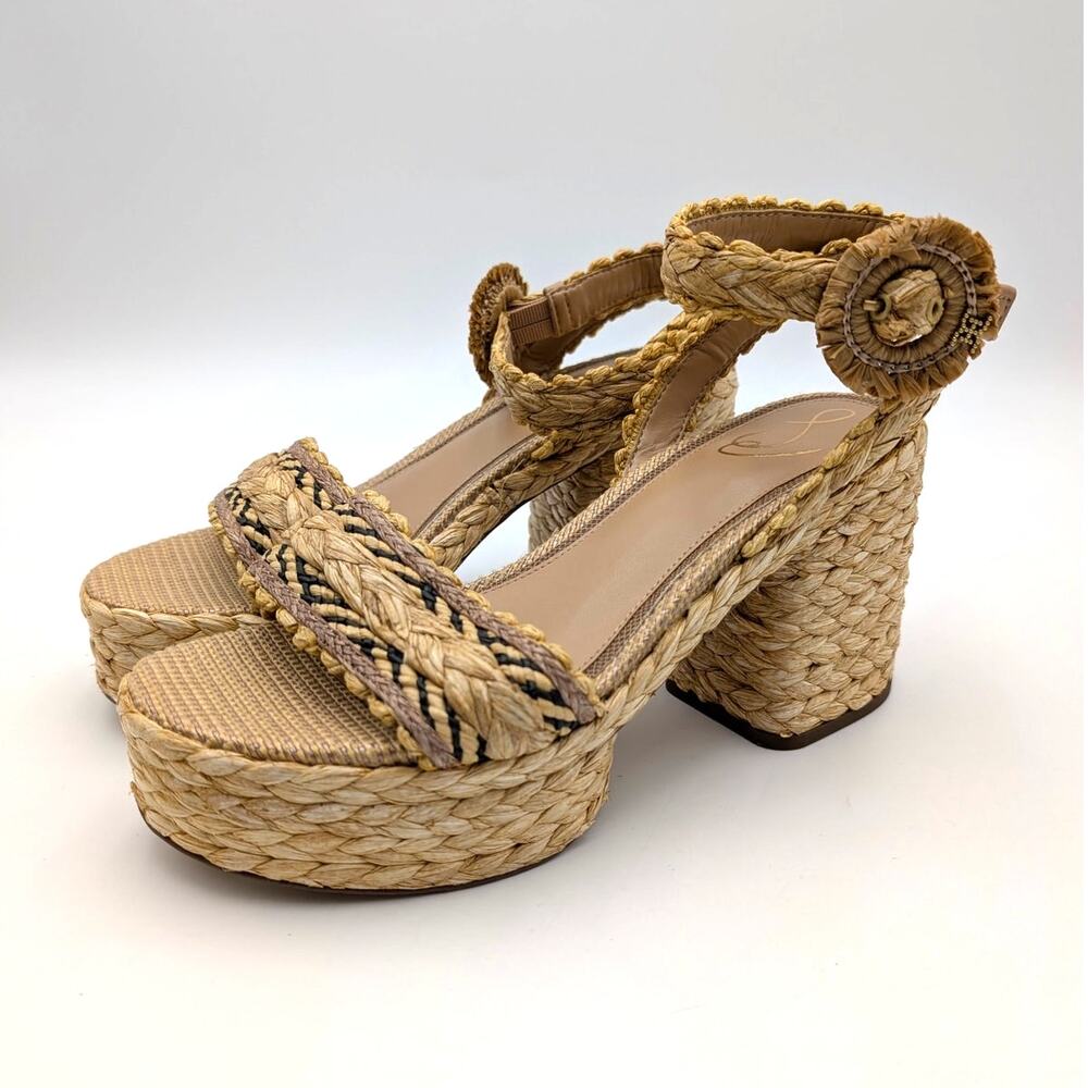 Sam Edelman Iliana Ankle Strap Wedge Sandal Women's Sand Raffia Sz US8.5M EU39